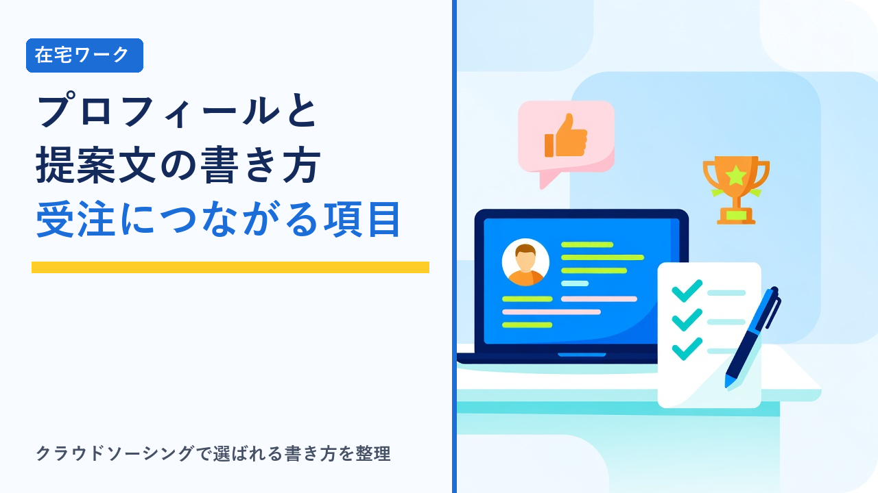 クラウドソーシングのプロフィール欄と提案文を整えて受注につなげる様子を表したイラスト