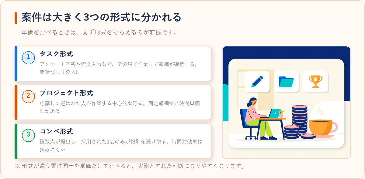 クラウドソーシングの案件がタスク・プロジェクト・コンペの3形式に分かれることを示した図