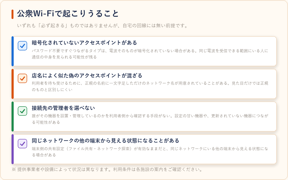 公衆Wi-Fiに接続したときに起こりうる4つのリスクを整理した図