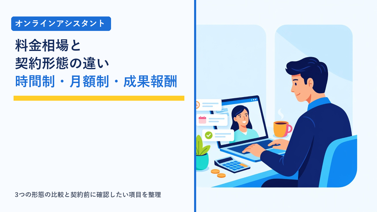 ノートパソコンでオンラインアシスタントに業務を依頼する事業者の横に、時計・カレンダー・チェックマークの3種類の料金プランを表すカードが並び、契約形態の違いを比べる様子を表したイラスト