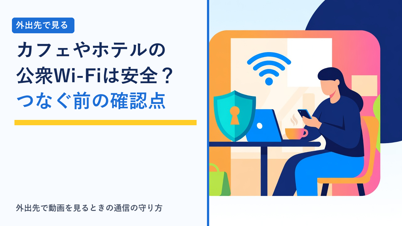 カフェで公衆Wi-Fiに接続してノートパソコンとスマートフォンを使う様子と、通信を守る盾を表したイラスト