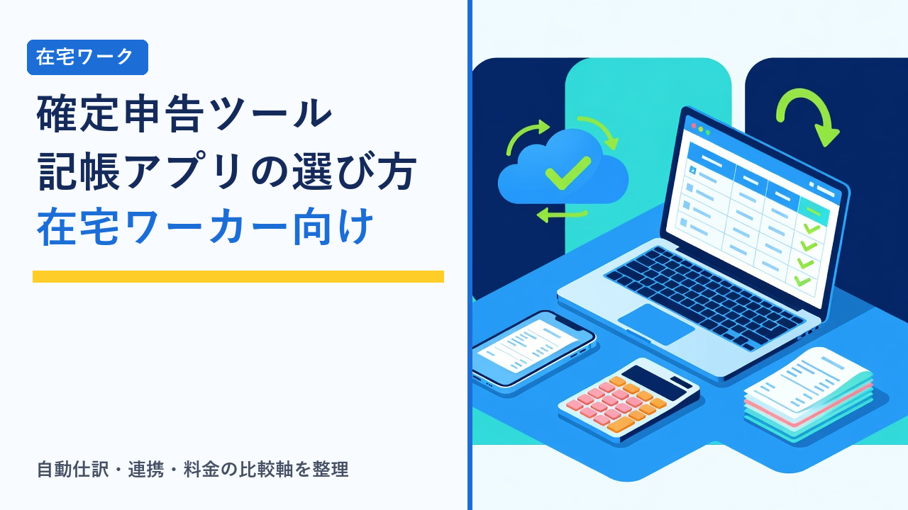 在宅ワーカーがパソコンとスマホで帳簿とレシートを管理する様子を表したイラスト