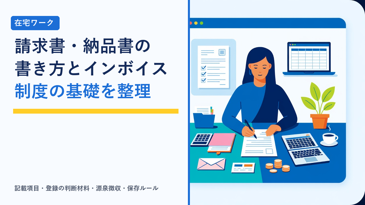 在宅ワーカーが自宅の机で請求書と納品書を作成し、書類を確認している様子を表したイラスト