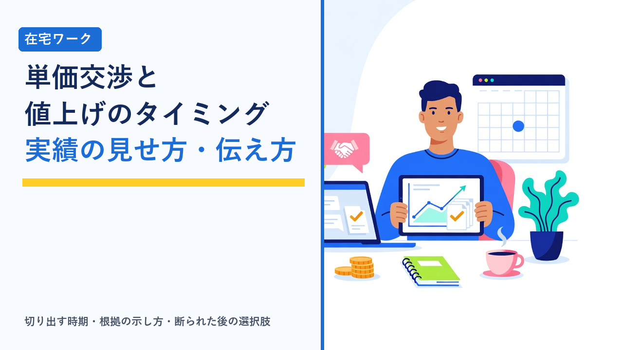 在宅ワーカーが実績をまとめた資料を見ながら発注者と単価について相談する様子を表したイラスト
