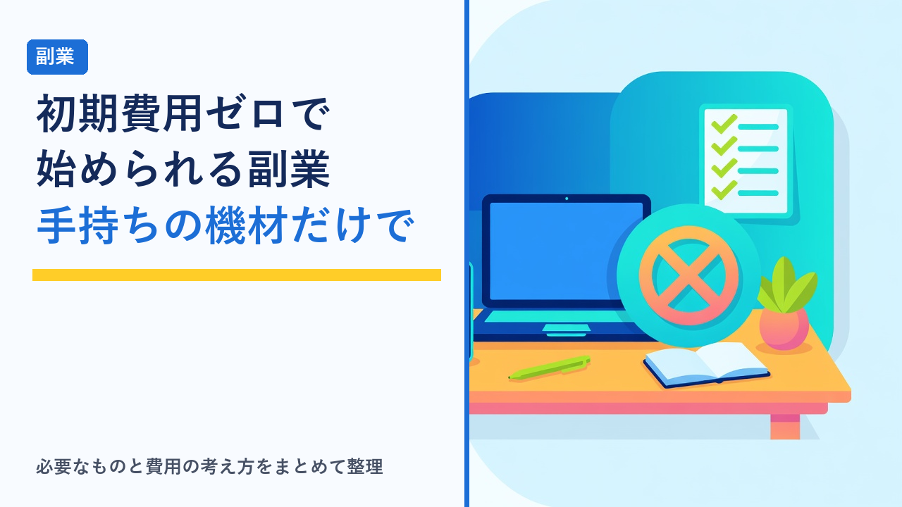 手持ちのノートパソコンとスマートフォンだけで在宅副業を始める様子を表したイラスト