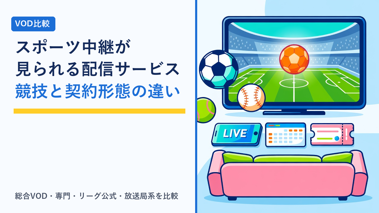 テレビでスポーツ中継を見ながら配信サービスの契約形態を比べる様子を表したイラスト