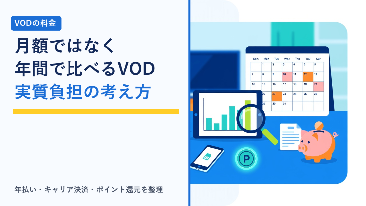 動画配信サービスの月額料金と年間の実質負担を、年払い・キャリア決済・ポイント還元などの支払い方法ごとに比べている様子を表したイラスト