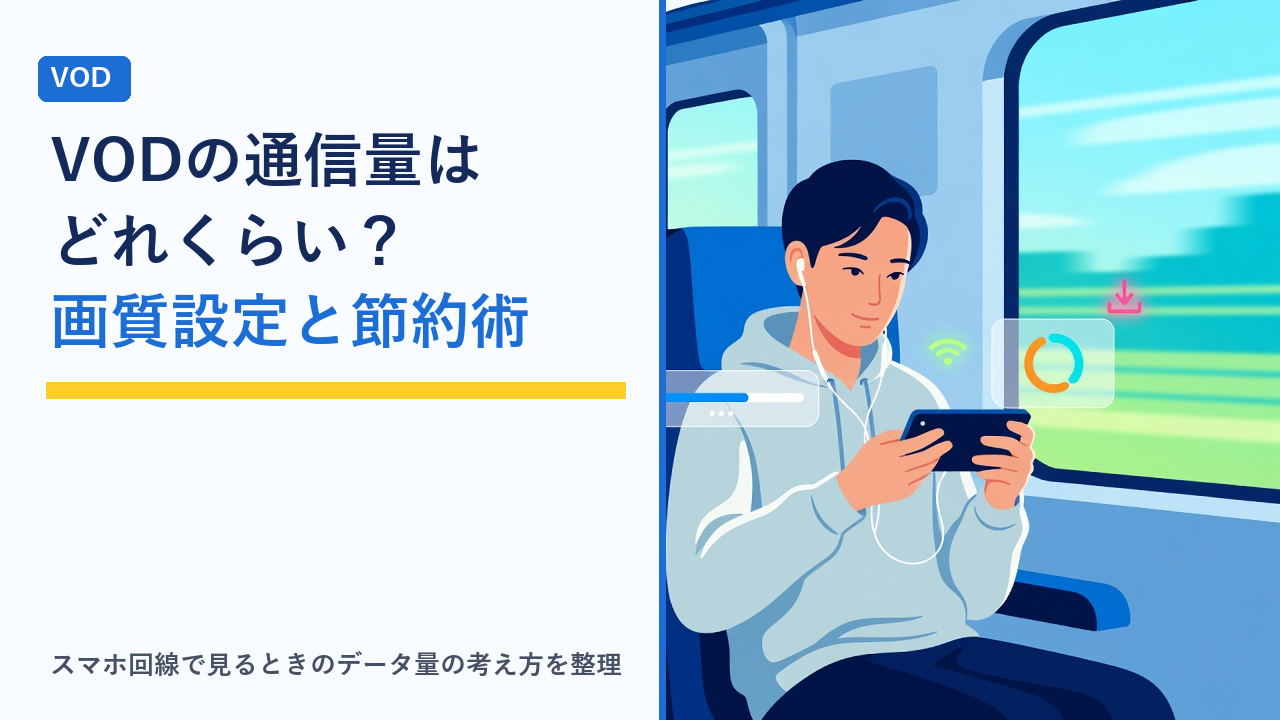 電車の座席でスマートフォンの動画を見ている人と、画質設定のスライダーやデータ量を示すゲージが浮かんでいる様子を表したイラスト