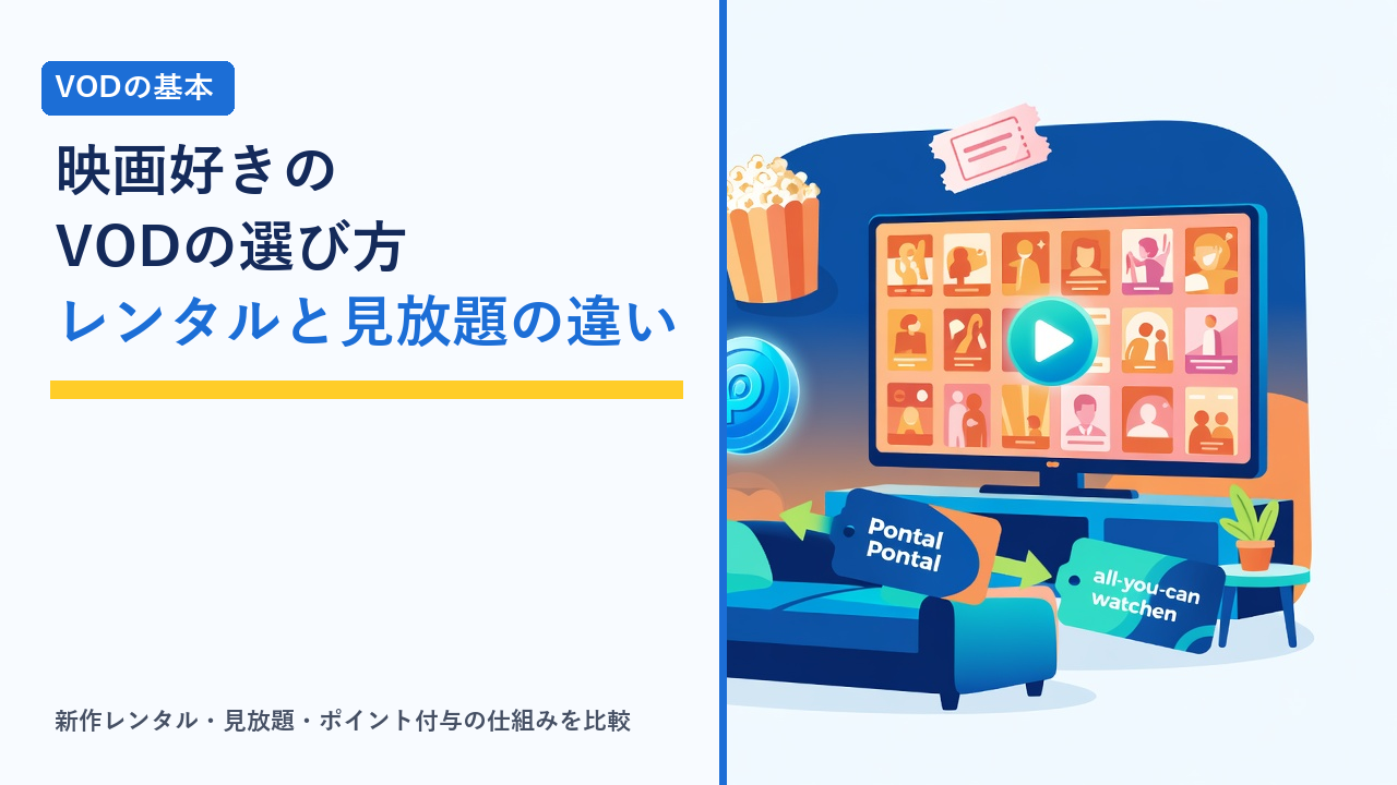 テレビの映画ポスターを前にレンタルと見放題のプランを比べる様子を表したイラスト