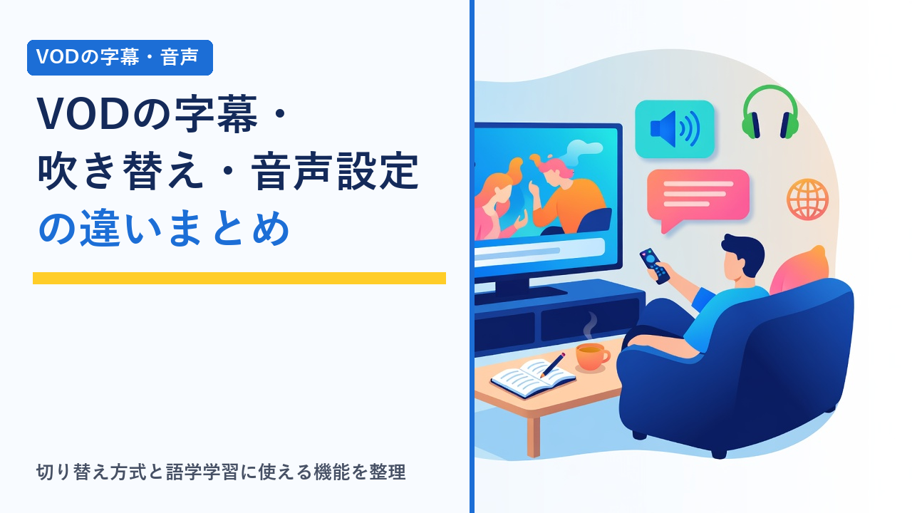 テレビに映る作品の下に字幕バーが表示され、手元のリモコンとスマホで音声言語と字幕の切り替えメニューを操作している様子を表したイラスト