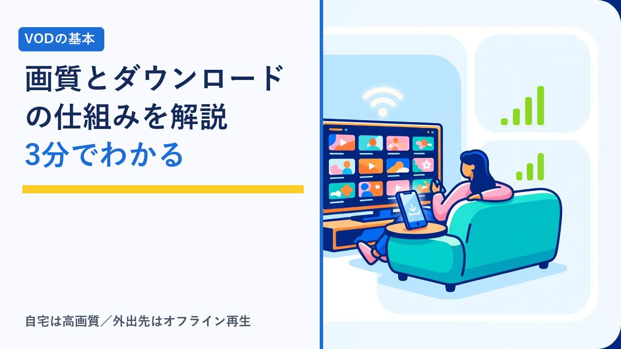 自宅の高画質視聴と外出先のオフライン再生を表すイラスト
